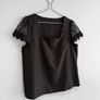 Pre Owned Black Scalloped Neckline Blouse with Lace Crochet Sleeves Image 2