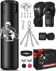 Hanging Punching Bag Set, Unfilled Boxing Bag with A Full Range of Accessories, Microfiber Leather Heavy Bag for Training Kickboxing Fitness MMA Grappling Muay Thai Karate
