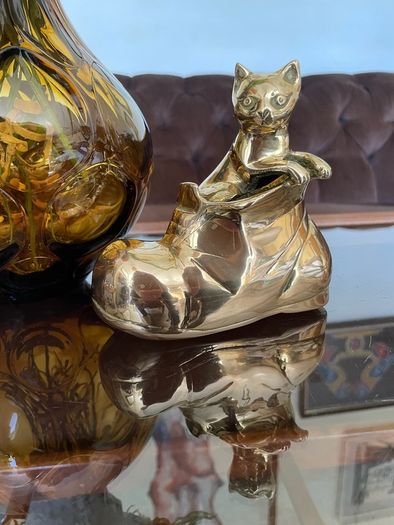 Vintage MCM Solid Brass Small Kitty Cat in a Boot Whimsical Sculpture