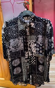 Vintage Italian Patterned Shirt Black & Grey Abstract Print Size M
