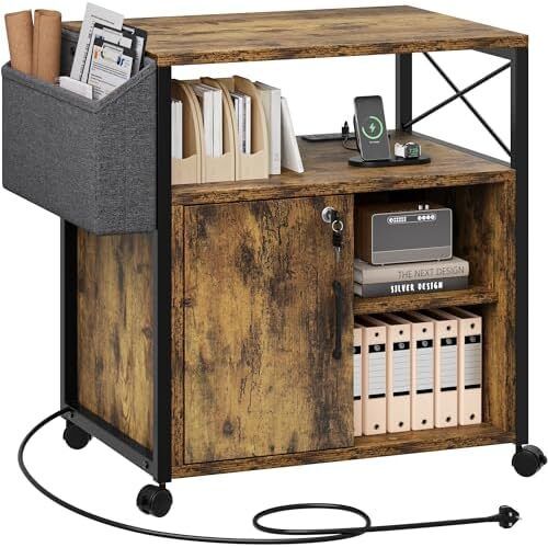 Wooden Printer Stand With Power Outlets, Industrial Storage Cabinet, Print Stand Filing Cabinets with Key, Wooden Sideboard with Open Shelf, Brown