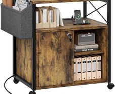 Wooden Printer Stand With Power Outlets, Industrial Storage Cabinet, Print Stand Filing Cabinets with Key, Wooden Sideboard with Open Shelf, Brown