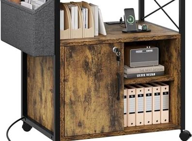 Wooden Printer Stand With Power Outlets, Industrial Storage Cabinet, Print Stand Filing Cabinets with Key, Wooden Sideboard with Open Shelf, Brown