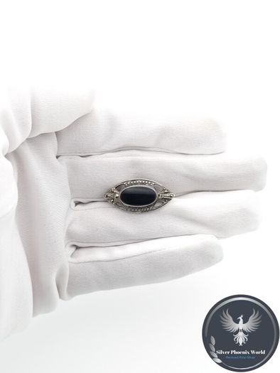 925 Vintage Sterling Silver Black Onyx & Marcasite Accents Brooch