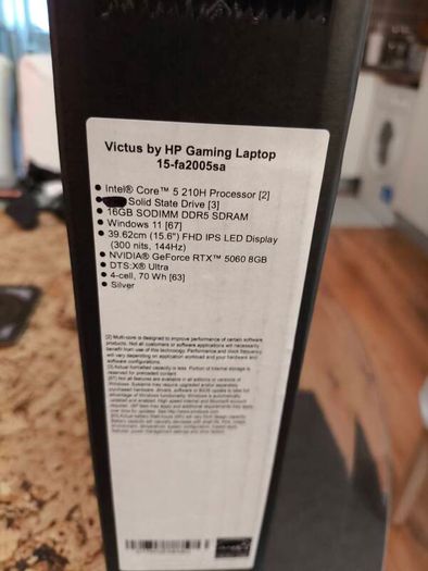 Brand New Gaming Laptop Hp Victus Intel 5 210H 8/12 RTX5060 8GB 80W GDDR7 16GB DDR5 5600mhz 512GB NVMe PCIE 4.0 15.6" 1080p 144hz Ips 300nits Win11 RGB