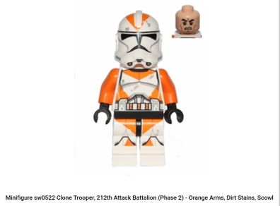 Lego Star Wars sw0522 Clone Trooper, 212th Attack Battalion (Phase 2) minifigure - Orange Arms, Dirt Stains, Scowl