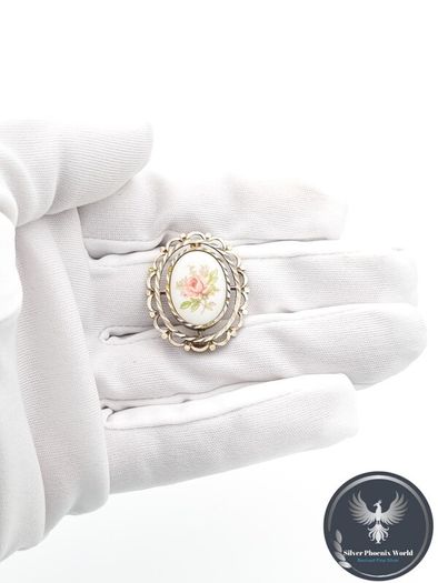 Hand Painted Porcelain Sterling Silver Brooch