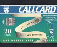 1995 Ireland 20 unit Communications 1995 expo at the RDS, Dublin (Schlumberger SC7) Call Card Used. Telecom Eireann card number 1086