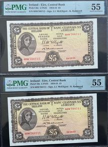 Lady Lavery 2 Consecutive 1955 5 Pound Banknotes PMG 55 AU