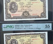 Lady Lavery 2 Consecutive 1955 5 Pound Banknotes PMG 55 AU