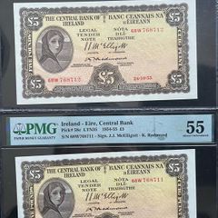 Lady Lavery 2 Consecutive 1955 5 Pound Banknotes PMG 55 AU