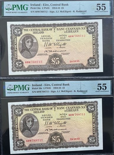 Lady Lavery 2 Consecutive 1955 5 Pound Banknotes PMG 55 AU
