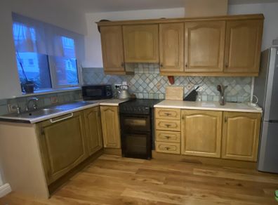 Kitchen cabinets, hob, sink, tap, extractor, microwave