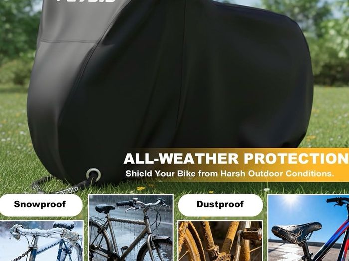 Bike Cover for 3 Bikes 210T Waterproof Outdoor  Bicycle Storage, Black Cover with Lock Hole, 2 Windproof Buckles & Storage Bag, UV Protection for Mountain & Road Bikes (220/120/110cm)