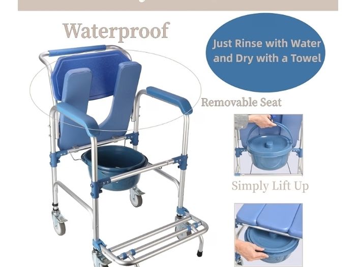 4-in-1 Wheeled Shower Chair, Bathroom Shower Chair with Wheels for Elderly, Waterproof Wheeled Commode Toilet Chair with Removable Bucket, Bedside Commode Chair on Wheels for the Disabled