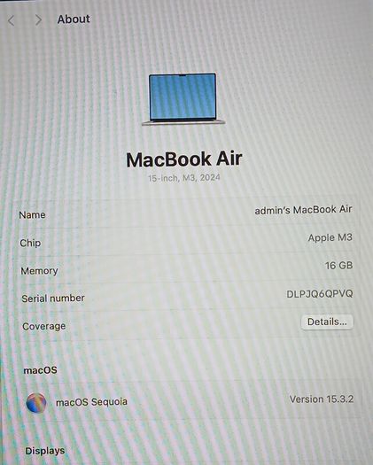 MacBook Air 15,/ M3 2024 (8-CPU 10-GPU)/16GB Ram/256GB SSD Battery health 100%