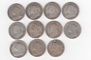G.B. 11 x 1/-, 92.5% Silver, Old Head or Veiled Head, Coins (1 holed) ( no. G21)