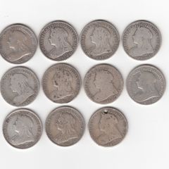 G.B. 11 x 1/-, 92.5% Silver, Old Head or Veiled Head, Coins (1 holed) ( no. G21)