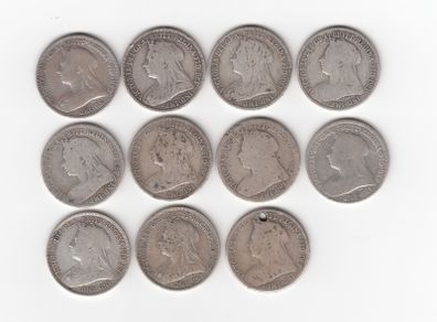 G.B. 11 x 1/-, 92.5% Silver, Old Head or Veiled Head, Coins (1 holed) ( no. G21)
