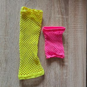 Neon pink and green fishnet gloves