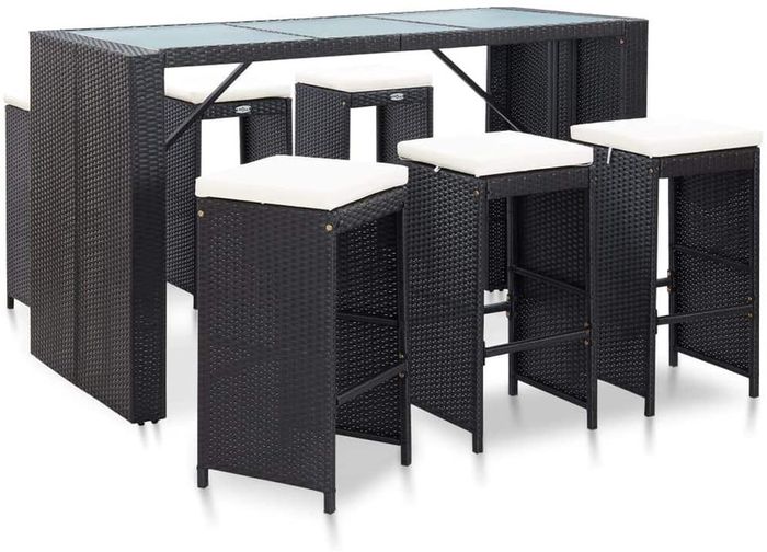 _Garden Bar Set 7-Piece with Cushions Counter Bar Counter Garden Counter Bar Table Bar Stool Garden Furniture Poly Rattan Black