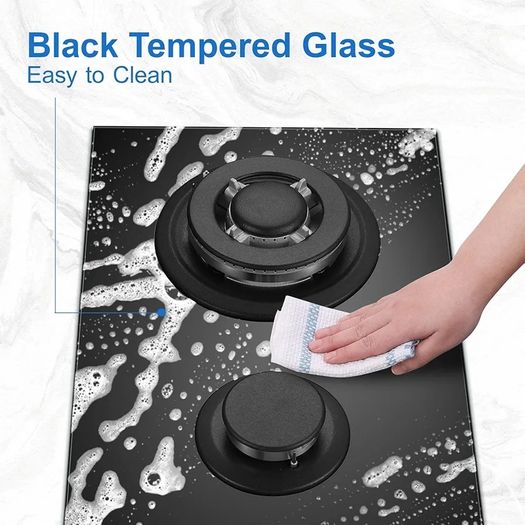 Gas Hob 2 burners, 30cm Built in 2 Burners Gas on Glass Hob, NG/LPG Gas Hob Convertible, Gas Cooktop with Flame