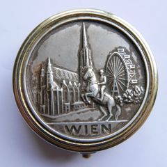 Vintage Wien Vienna Pill Box Pewter Top Trinket Box Travelers Souvenir