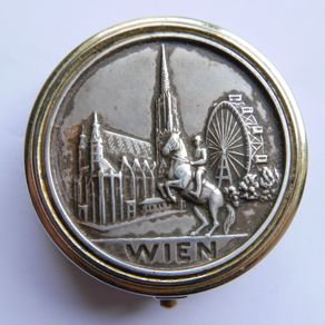 Vintage Wien Vienna Pill Box Pewter Top Trinket Box Travelers Souvenir