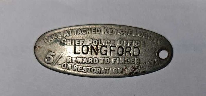 Rare Antique National Key Registry Tag  Longford Chief Police Office (c. 1910s)