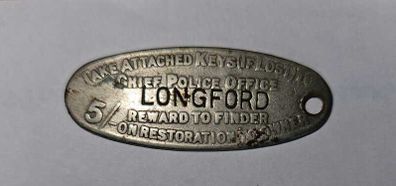 Rare Antique National Key Registry Tag  Longford Chief Police Office (c. 1910s)