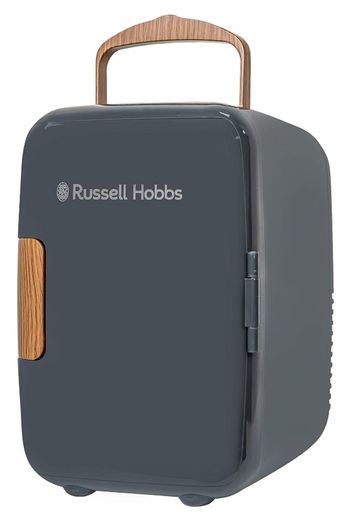 Mini Portable Cooler & Warmer for Drinks, Cosmetics/Makeup/Skincare, AC/DC Power, Scandi Style, Grey & Wood Effect, For Bedroom, Home, Caravan, Car