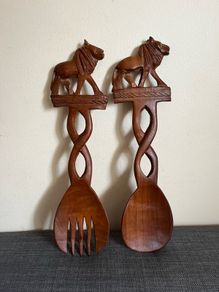 Vintage Hand Carved Teak Wood Lion a spoon and Fork