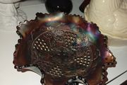 Antirque Amethyst Carnival Glass Grape and Cable Footed Bowl Circa 1908 to 1920