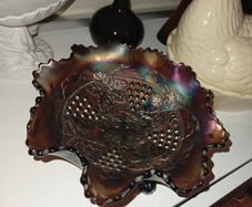 Antirque Amethyst Carnival Glass Grape and Cable Footed Bowl Circa 1908 to 1920