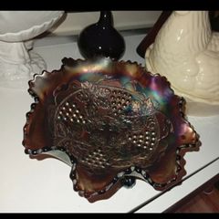 Antirque Amethyst Carnival Glass Grape and Cable Footed Bowl Circa 1908 to 1920