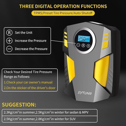 NEW SALE | Digital Tyre Inflator, Portable Air Compressor Car Tyre Pump with 3 Nozzle Adaptors and Digital LED Light, 12V Rapid Tyre Inflator Air Compressor for Car Tires and Other Inflatables