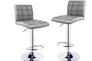 Modern Bar Stools Set of 2 Leatherette   Exterior,Double Needle Sewing,Height Adjustable,Chrome Footrest and Base,Bar Chairs for Kitchens,Counter and Home (Grey)
