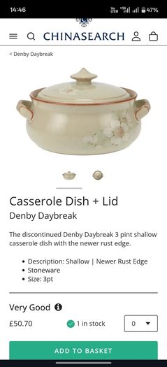 Denby Daybreak Casserole Serving Tureen Dish Pot