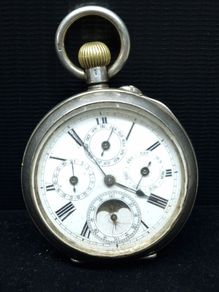 Antique pocket watch, 935 silver case, moonphase calendar, working