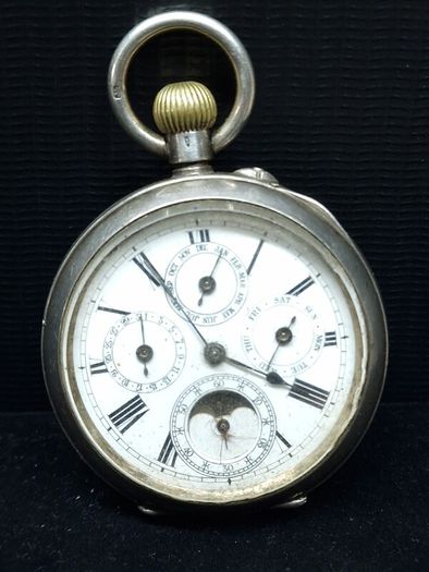 Antique pocket watch, 935 silver case, moonphase calendar, working