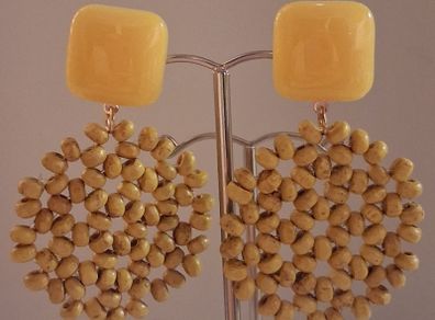 Retro Yellow Geo Floral Round Lattice Earrings
