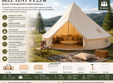 Glamping 4m Bell Tent Yurt for 6 People Camping Tent
