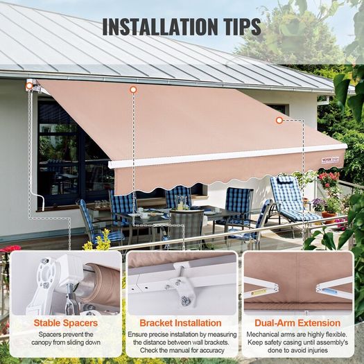 Manual Retractable Awning, 10 x 8 ft Outdoor Patio Awning Retractable Sun Shade, Water-Resistant Polyester Patio Door Window Awning Sunshade Shelter with Crank Handle for Backyard, Balcony