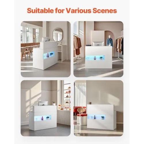 Reception Desk, 47.24 x 18.7 x 39.37 in Rectangular Front Counter Table, Office Reception Desk with LED Light, 2 Drawers and Power Outlets