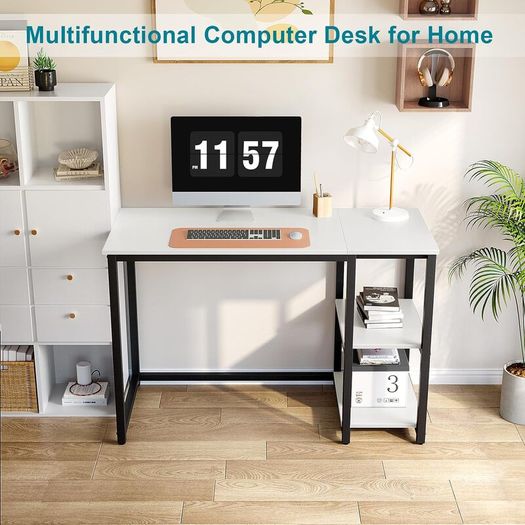 Computer Desk with 2-Tier Shelves 100cm Small Home Office Large Storage Space Sturdy Modern Gaming for Bedroom Study Writing Laptop Table White
