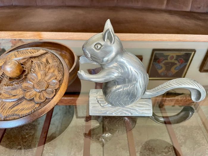 Vintage Aluminum Metal Squirrel on Log Nutcracker