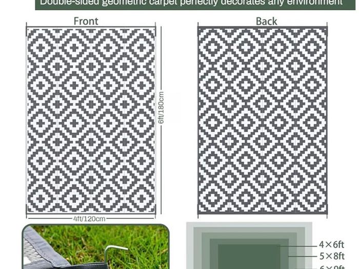 Outdoor Rug for Patios Waterproof 120x180cm, Reversible Garden Rugs Geometric Anti-slip Mat Carpet, UV Resistant Indoor Area Rugs for Camping, Deck, Picnic, Backyard (Grey & White)