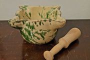 Vintage terracotta &amp; glazed splatter pedestal &amp; mortar