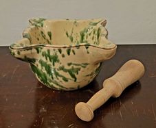 Vintage terracotta & glazed splatter pedestal & mortar