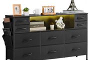 10 Drawer Dresser, Fabric Drawer Dresser with Fabric Bins, Closet Storage Drawers with Open Storage Shelf, LED Lights &amp; Built-in Outlet, Fabric Storage Tower for Bedroom, Hallway, Closet, Black